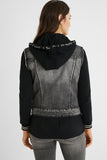 Bimaterial hooded Black Denim jacket