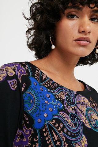 paisley t shirt dress Explosion T-Shirt Dress M Black Paisley Sleeveless Knee Scoop Neck Zip Pleat
